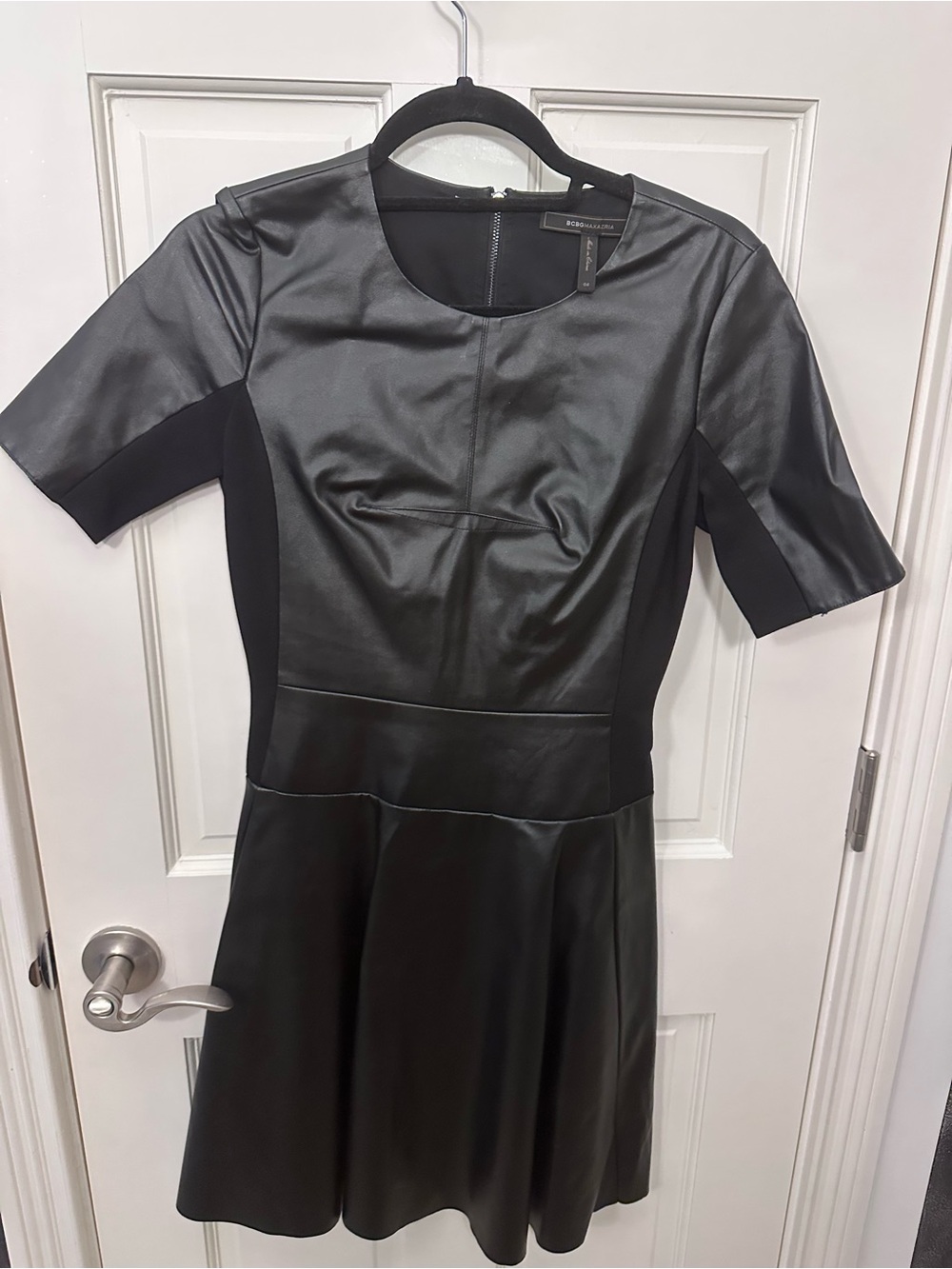 BCBGMaxAzria Black Faux Leather Fit-&-Flare Midi Dress